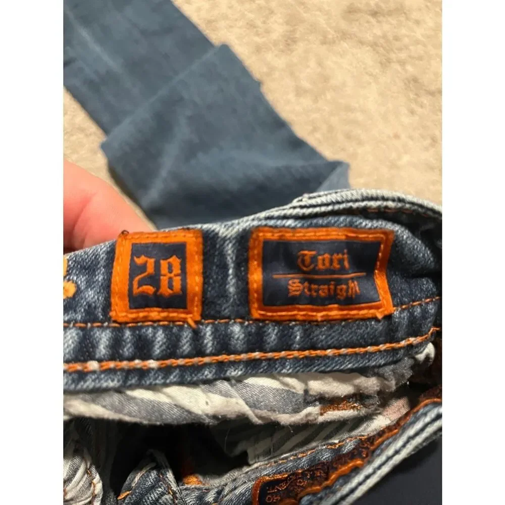 Rock Revival Tori Straight Blue Factory Distressed Denim Jeans Western Rodeo